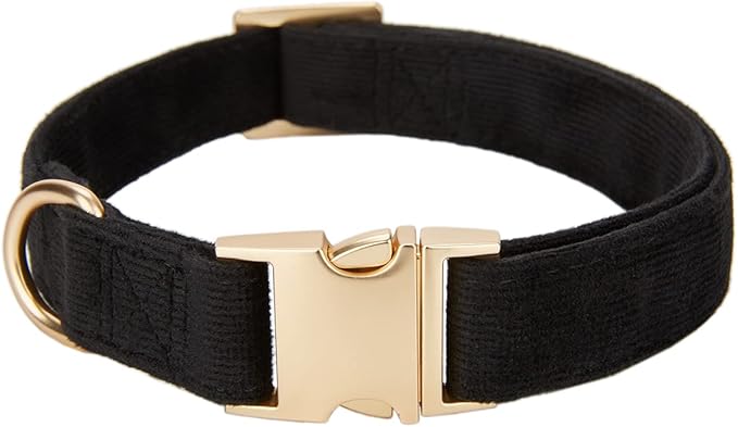 Soft Cotton Dog Collar with Metal Buckle Adjustable Heavy Duty Comfy Corduroy Collars for Small Medium Large Dogs,Black,Large
