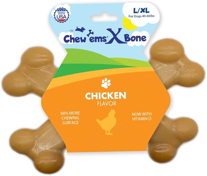 Chew’EMS X Bone Dog Chew Toy for Aggressive Chewers – Long-Lasting Chicken Flavor Nylon Bone – Durable, Rawhide-Free Dental Toy - Large Size – Made in USA