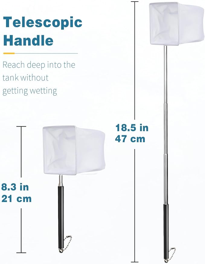 Pawfly Aquarium Shrimp Net 3 Inch Tiny Fish Tank Net with Extendable Stainless Steel Handle Soft Square Fine Net Mesh for Shrimp Baby Fish Food Residue Debris Skimming Net for Fish Tanks & Small Ponds