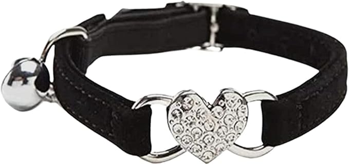 Heart Bling Cat Collar with Safety Belt and Bell Adjustable 8-10 inches for Kitten Cats (Black)