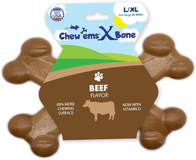 Chew’EMS X Bone Dog Chew Toy for Aggressive Chewers – Long-Lasting Bacon Flavor Nylon Bone – Durable, Rawhide-Free Dental Toy - Giant Size – Made in USA