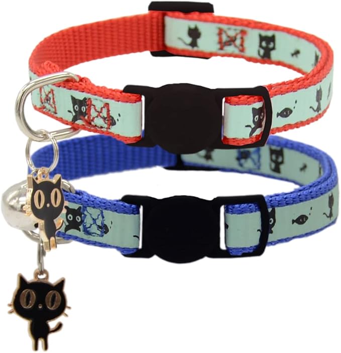 2 Pack Glow in The Dark Cat Collar with Bell Breakaway Safety Cat Puppy Collars with Pendant Red and Blue