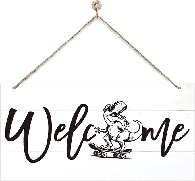 Welcome Sign for Front Door, Welcome Decor Wooden Hanging Sign, Fun and Trendy Dinosaur Wall Hanging Decor, Funny Wooden Outdoor Front Door Decoration 13.8X6.9 inches