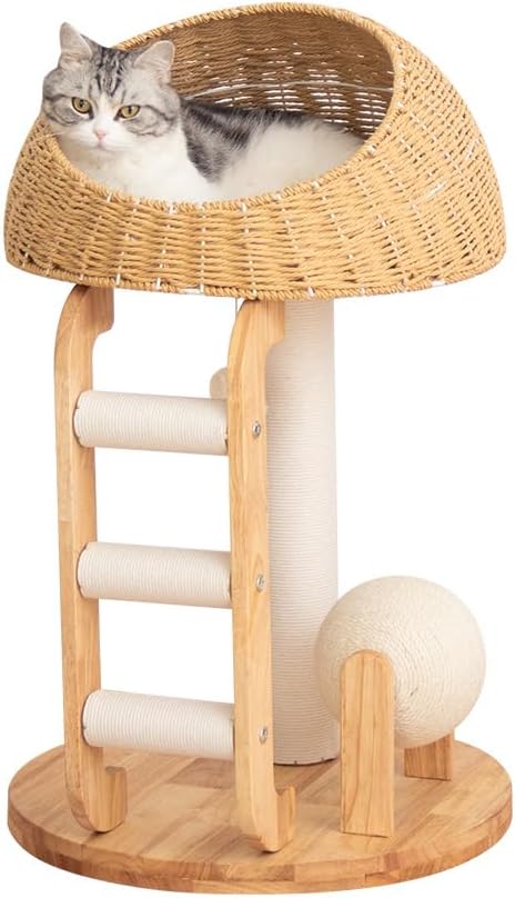Wood Cat Tree for Large Cats, Modern Cat Tree Tower with Wide Shelves Cotton Scratching Posts, Super Sturdy Base, Cozy Perches, and Interactive Toys for Indoor Kittens