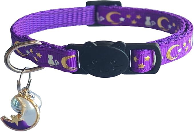 2 Pack Breakaway Cat Collars, Glow in Dark with Bell & Moon Star Pendant, Safety Buckle Kitten Collars Adjustable from 6.9-10.7" (Black/Purple)