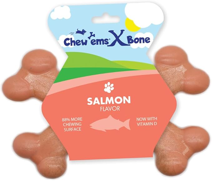 Chew’EMS X Bone Dog Chew Toy for Aggressive Chewers – Long-Lasting Salmon Flavor Nylon Bone – Durable, Rawhide-Free Dental Toy - Giant Size – Made in USA