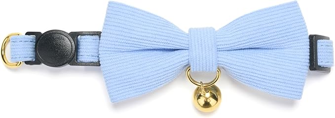 Soft Corduroy Cat Collar, Plaid Pattern, with Bell and Bowtie, Quick Release,Safety Breakaway Clasp, Adjustable for Kitten and Cats.(White+Blue)