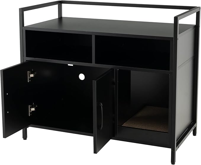 Giantex Cat Litter Box Enclosure - Cat Washroom Hidden Furniture with Front Entry, Scratcher, 2-Door Storage Cabinet, 2 Compartments, Air Vents, Metal Frame, Wooden Pet Crate House (Black)