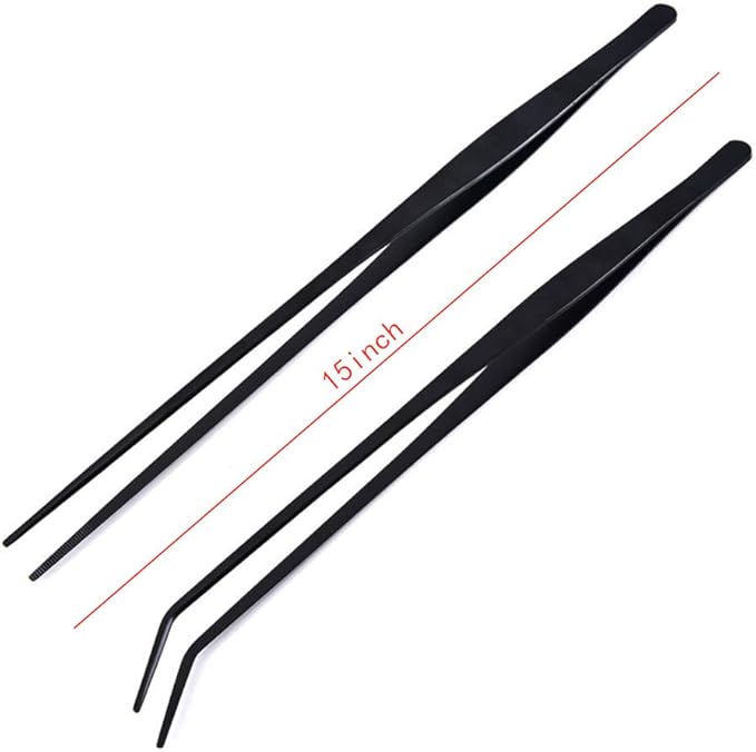 2 Pack Aquarium Forceps, 15 inch Long Handle Aquarium Tweezers Stainless Steel Straight and Curved Tweezers Set for Fish Tank Aquatic Plants Long Handle Reptile Feeding Tongs, Black