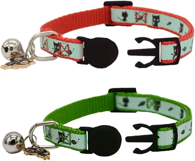 2 Pack Glow in The Dark Cat Collar with Bell Breakaway Safety Cat Puppy Collars with Pendant Red and Green