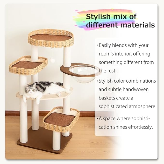 Modern Cat Tree for Large Cats, 48-Inch Tall Cat Tree Tower with Wide Shelves Cotton Scratching Posts, Super Sturdy Base, Cozy Perches, and Interactive Toys for Indoor