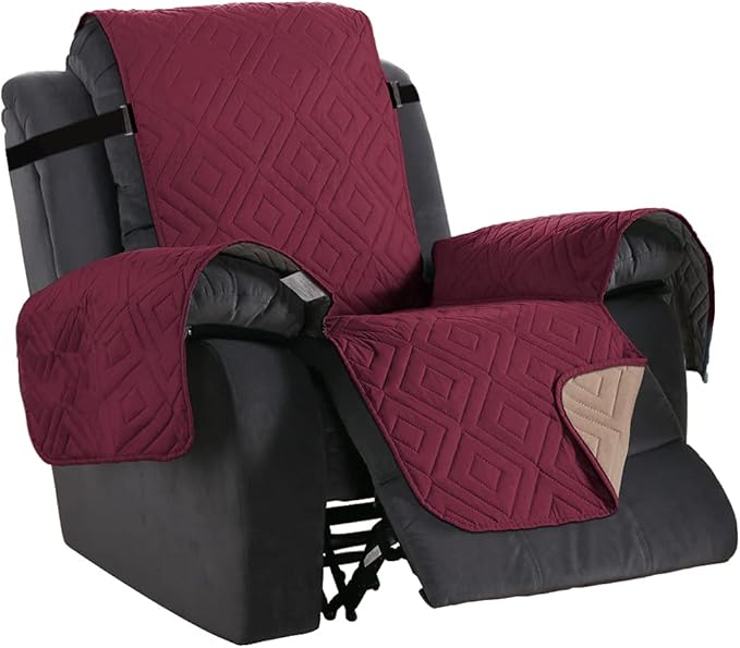 H.VERSAILTEX Reversible Quilted Recliner Covers Water Resistant Furniture Protector for Reclienr Chair with Elastic Straps for Pets Kids Sitting Width Up to 28"(Oversized Recliner, Red/Tan)