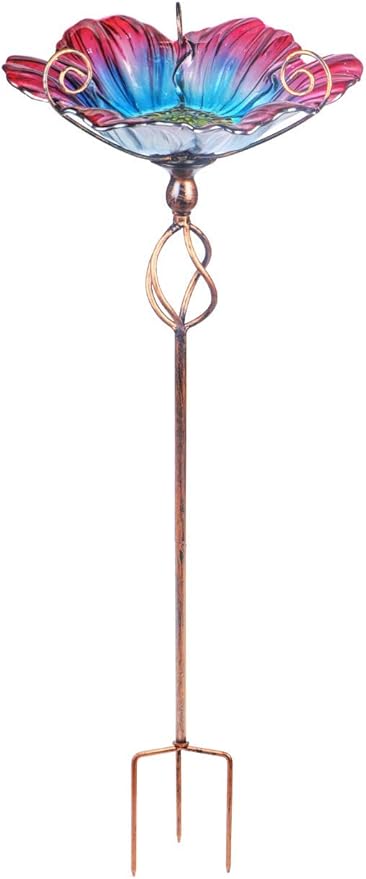 MUMTOP 31 Inch Height Glass Birdbath Birdfeeder with Metal Stake Garden Yard Outdoor
