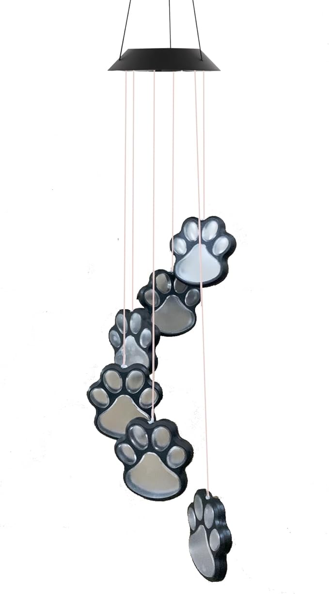 Paw Print Solar Wind Chimes for Outside, Dogs Cat Pet Pawprint Remembrance Wind Chimes,Waterproof Color Changing Solar Hanging Lights,Sympathy Gift for Pet Lover,Balcony,Patio,Yard Decor