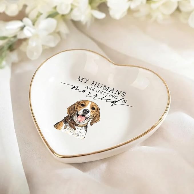 Gossby Custom Pet Portrait Watercolor Heart Ring Dish - Personalized My Humans Are Getting Married Ceramic Jewelry Tray - Engagement, Wedding Gift for Fiancee, Bride, Newlyweds, Couple, Dog Lover