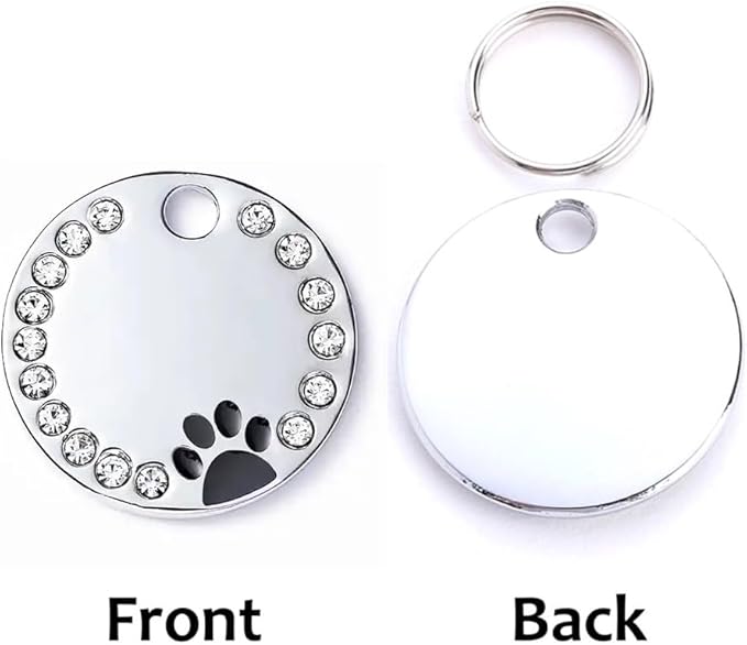 Personalized Dog/Cat Cute Paw Pet ID Tag for Pet Collar or Key Chain - Custom Laser Engraved Unique Dog/cat Name tag with Phone Number (Black, Crystals Round-Small)