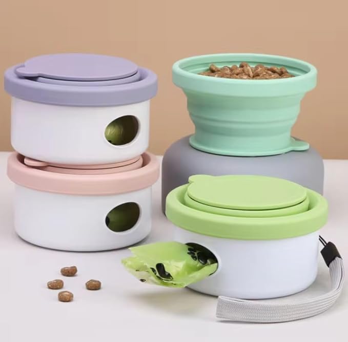 3 in 1 Collapsible Dog Bowl, Treat Container, Poop Bag Holder with 1 Roll Poop Bags – Practical Silicone Dog Bowl – Durable Pet Bowls for Travel Essentials, Daily Walks (Green)