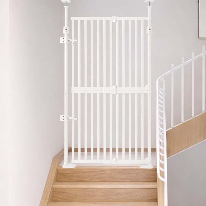 unipaws 57" H Cat Gate for Stairs, Fit for 21"-34" Wide Narrow Sapce, Auto Closing and No Drilling Cat Safety Gate, Cat Dog Proof, Indoor Use, White
