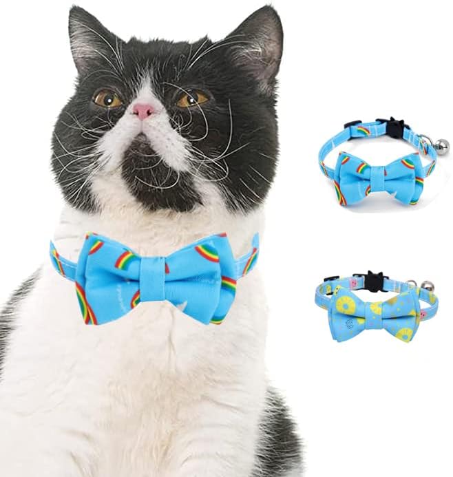 2-Pack Breakaway Cat Collars with Removable Double-Layer Bow Tie and Bell for Boy and Girl Cats Safety Kitten Collars Suitable for Festivals and Daily. (Rainbow)