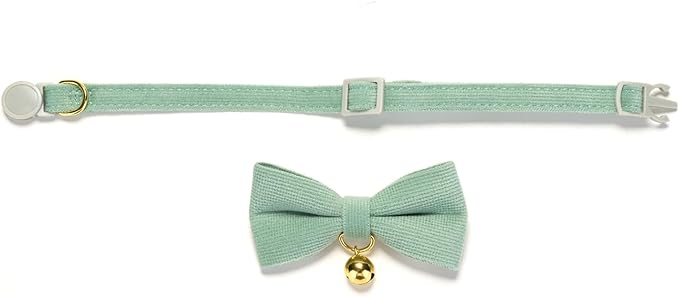 Cotton Breakaway Kitten Collar with Bow Tie and Bell Adjustable Cute Soft Corduroy Cat Collars for Small Cats(Grass Green,XS)