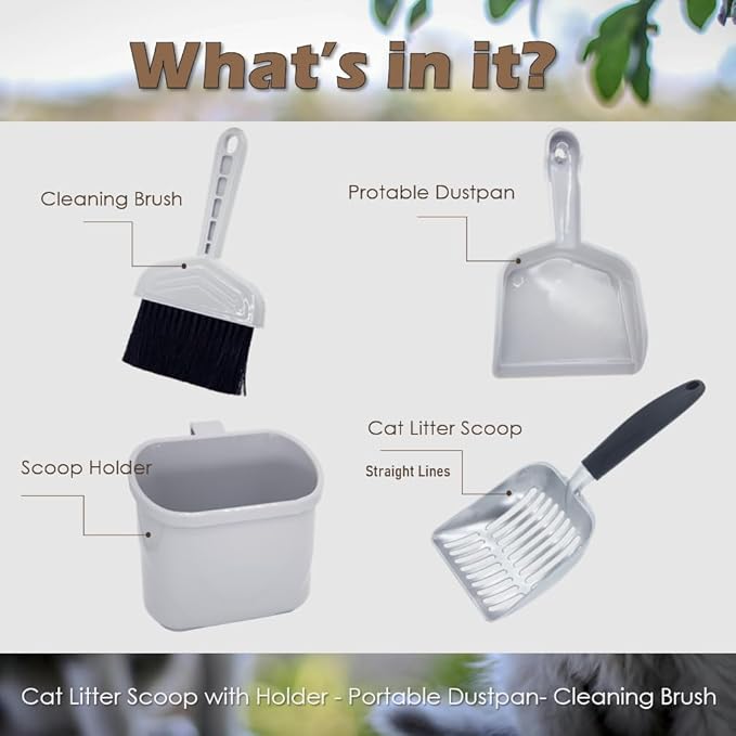 4-in-1 Cat Litter Scoop with Holder, Cat Litter Box Organizer Cleanup Kit - Sweeper & Dustpan, Aluminum Kitty Litter Scooper and Storage Caddy (Black)