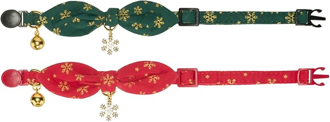 Bunny Ear Christmas Bowtie Cat Collar with Bell 2 Pack Cotton Breakaway Snowflakes Holiday Kitten Collars(Red+Green)
