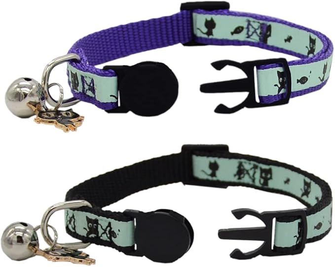 2 Pack Glow in The Dark Cat Collar with Bell Breakaway Safety Cat Puppy Collars with Pendant Purple and Black