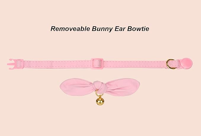 Bunny Ear Cat Collar with Bell and Bow Tie, Breakaway Cute Bowtie Kitten Collars(Light Pink)