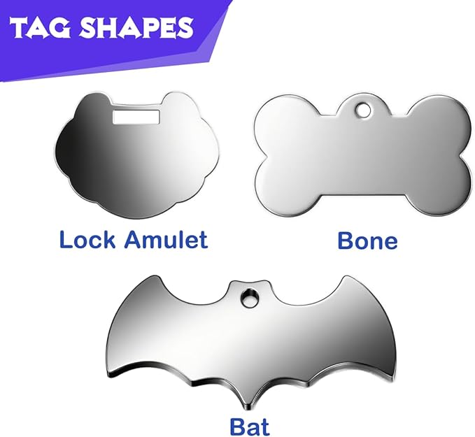 Stainless Steel Personalized Pet ID Tags, Art Design for Dog Tags, Cat Tags, Customized and Engraved on Both Sides of ID Tag, Lock Amulet Shape in Black, Silver, Blue, Gold, Rose Gold Color