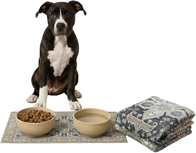 LOVEWAG Waterproof 2-Pack Pet Feeding Mats - 16" x 24" Premium Cat & Dog Food Mat - Non-Slip, Machine Washable Food Mat Protects Floors & Contains Water Bowl Spills - Pet Place Mats (Sage Forest)
