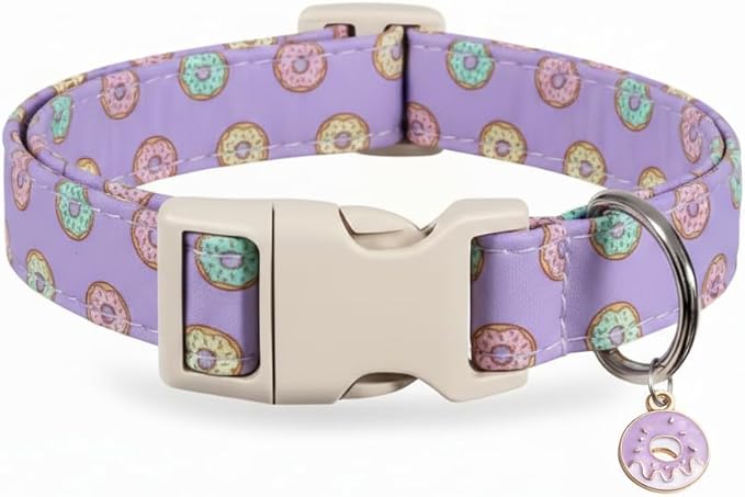 Girl Dog Collar with Unique Purple and Donut Print, Cute Dog Collar for Spring & Summer, Adjustable Pet Collar for Small Dogs