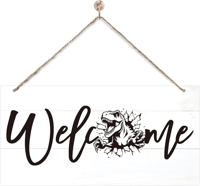Welcome Sign for Front Door, Welcome Decor Wooden Hanging Sign, Tyrannosaurus Rex Pattern Wall Hanging Decor, Funny Wooden Outdoor Front Door Decoration 13.8X6.9 inches