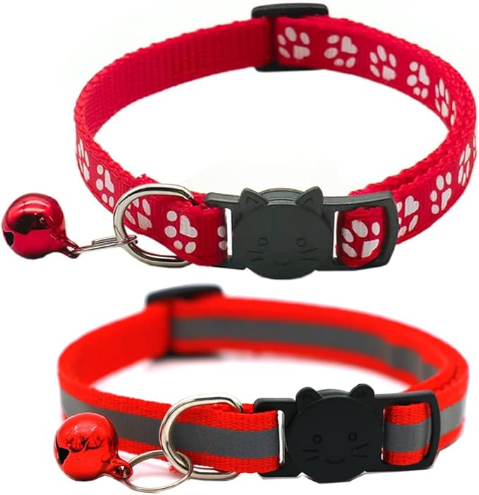 2 Pack Cat Collars Quick Release Reflective Kitten Collar with Bell & Safety Release (red)