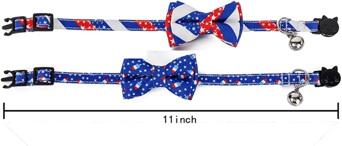 2-Pack Breakaway Cat Collars with Removable Double-Layer Bow Tie and Bell for Boy and Girl Cats Safety Kitten Collars Suitable for Festivals and Daily. (Independence Day 2)