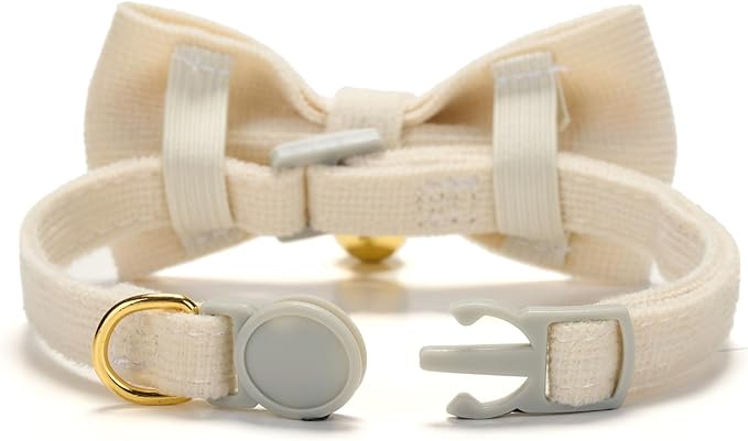 2 Pack Soft Corduroy Cat Collars with Bow Tie & Bell, Adjustable Breakaway Cotton Kitty Bowtie Collar for Female Male Cats(White & Grass Green)