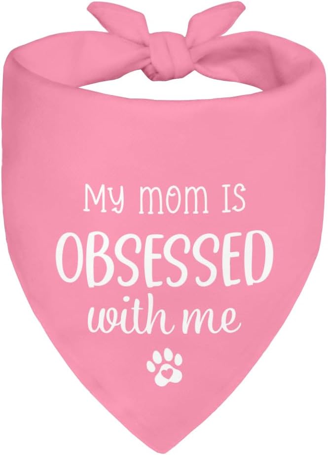 My Mom is Obsessed with Me Pink Dog Bandana, Cute Pet Scarf Accessories Photo Prop for Mother's Day, Dogs paw Printing Bandanas Decor, Christmas Birthday Gifts for Puppy Owner Dog Mom