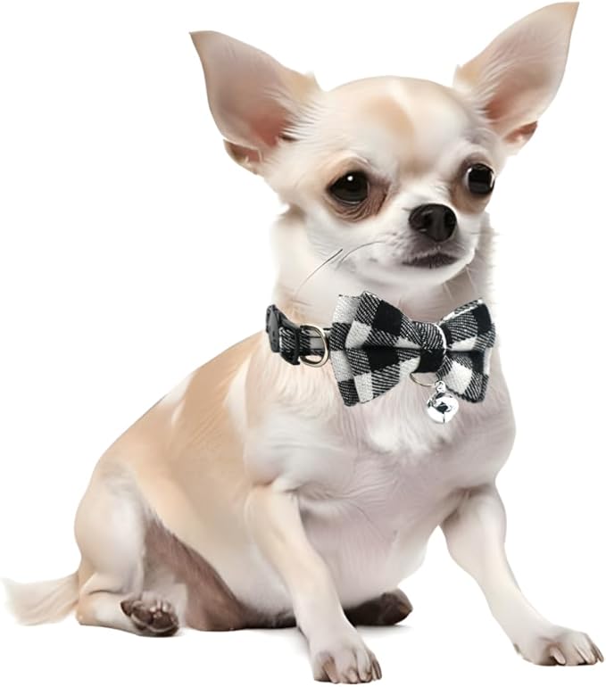 White Plaid Dog Bow Collar with Bell, Breakaway Cat Collar Bell with Bowtie Christmas Puppy Collars for XXS Xs Small Tiny Little Pet Dogs Boy Girl Kitten, for Hoilday Birthday Party