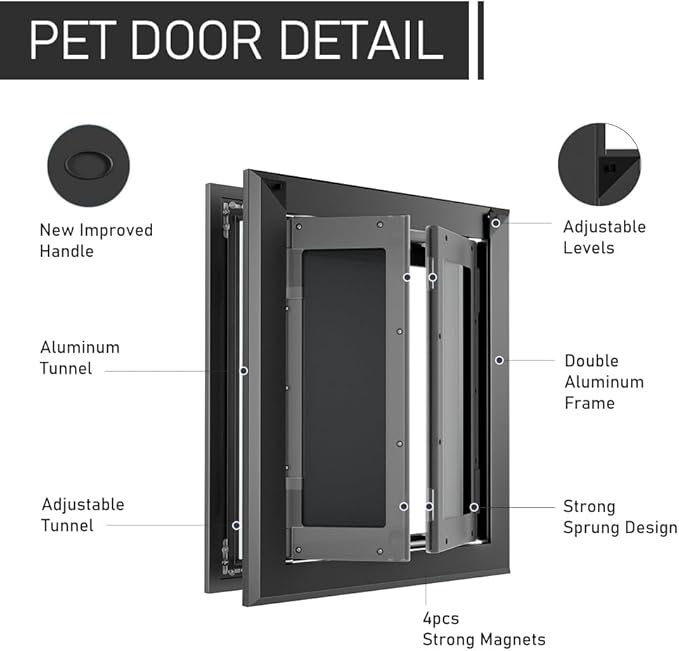 【PATAPLUS】 Aluminum French Large Dog Door,Strong Double Magnetic Flaps,with Aluminum Telescoping Tunnel Heavy-Duty Do g Door for L arge and Medium Dog Up to 110LBS (Large,Black)
