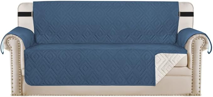 H.VERSAILTEX Reversible Sofa Slipcover Furniture Protector Water Resistant 2 Inch Wide Elastic Straps Sofa Cover Couch Covers Pets Kids Fit Sitting Width Up to 66" (Sofa: 75" x 110", Dark Blue/Beige)