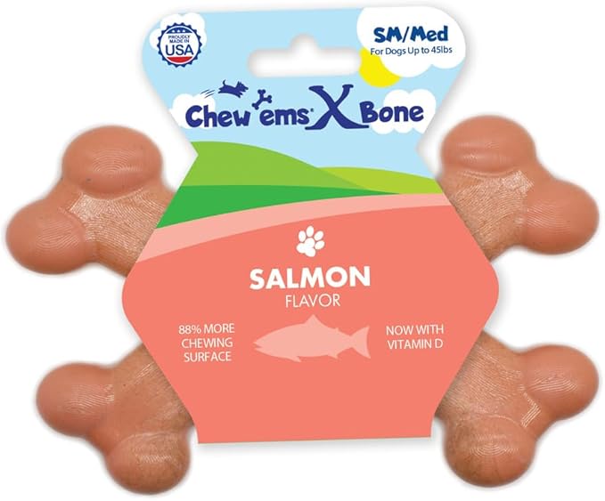 Chew’EMS X Bone Dog Chew Toy for Aggressive Chewers – Long-Lasting Salmon Flavor Nylon Bone – Durable, Rawhide-Free Dental Toy - Small Size – Made in USA