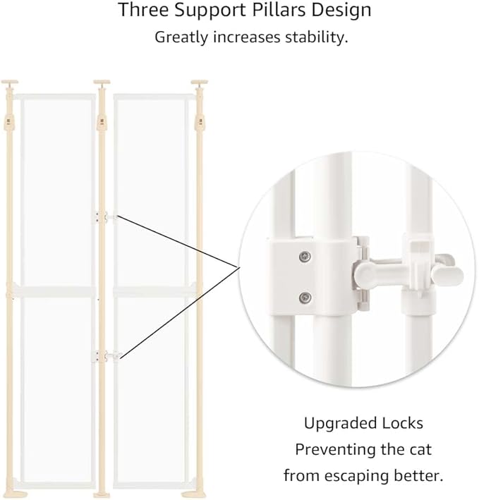 unipaws Transparent Clear Cat Safety Gate, 75"-98" Height and 35"-38" Wide Adjustable, Auto Closing and No Drilling Plus Stable 3 Support Pillars, Extra Tall for Doorway, Stairs, White