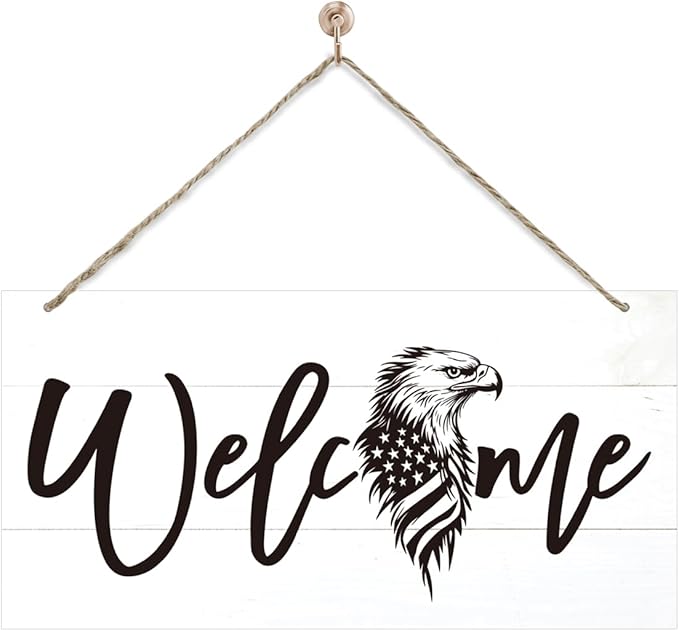 Welcome Sign for Front Door, Welcome Decor Wooden Hanging Sign, Patriotic Theme American Bald Eagle Pattern Wall Hanging Decor, Funny Wooden Outdoor Front Door Decoration 13.8X6.9 inches