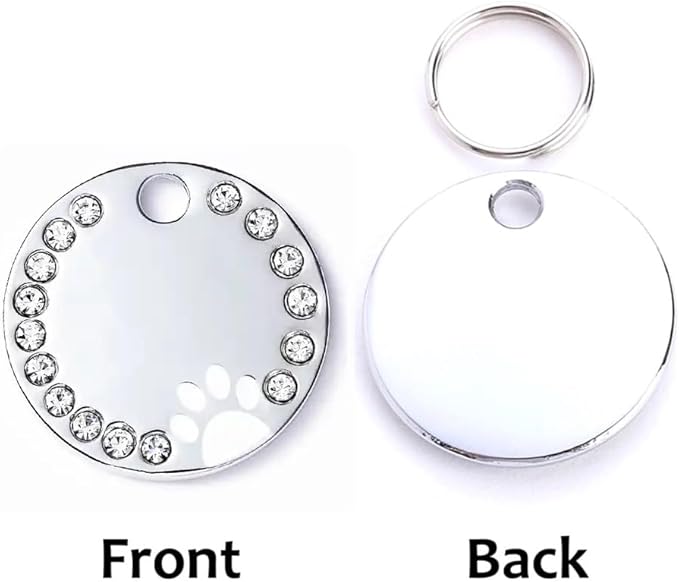 Personalized Dog/Cat Cute Paw Pet ID Tag for Pet Collar or Key Chain - Custom Laser Engraved Unique Dog/cat Name tag with Phone Number (White, Crystals Round-Small)