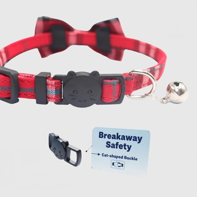 THAIN Cat Collar Breakaway with Bell and Bow Tie Safety Buckle Red Plaid Pattern Adjustable 7-11 inches for Kitten Cats(Red Plaid)