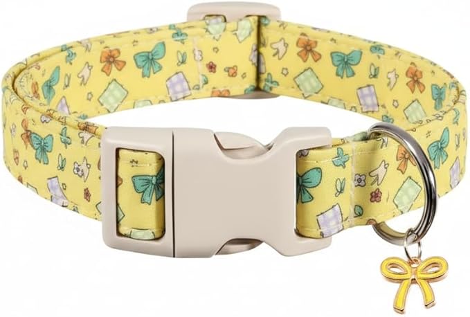 Small Dog Collar with Cute Bowtie Print, Girl Dog Collar for Puppy, Extra Small & Small Dogs, Spring Summer Yellow Puppy Collar with Pendant and Soft Fabric, XS