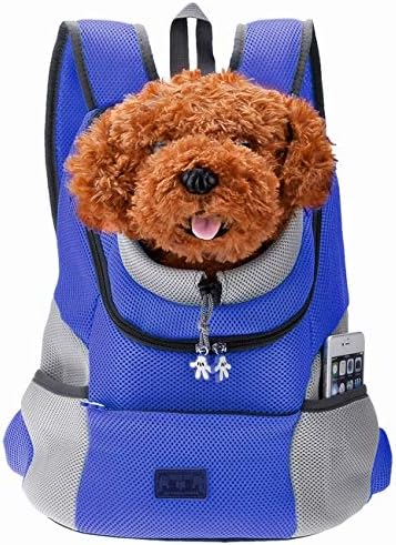Mogoko Airline Approved Cat Dog Backpack, Puppy Pet Carrier Front Bag with Breathable Head Out Design and Double Mesh Padded Shoulder for Outdoor Travel Hiking (L, Blue)