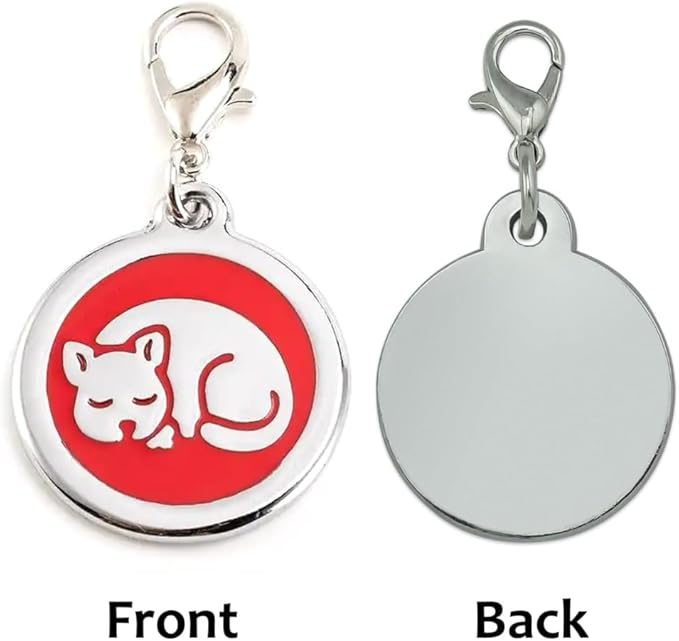 Personalized Pet ID Tags for Kittens and Cats - Custom cat Name tag and ID tag for Collar (Red, Sleeping Cat Round-Small)