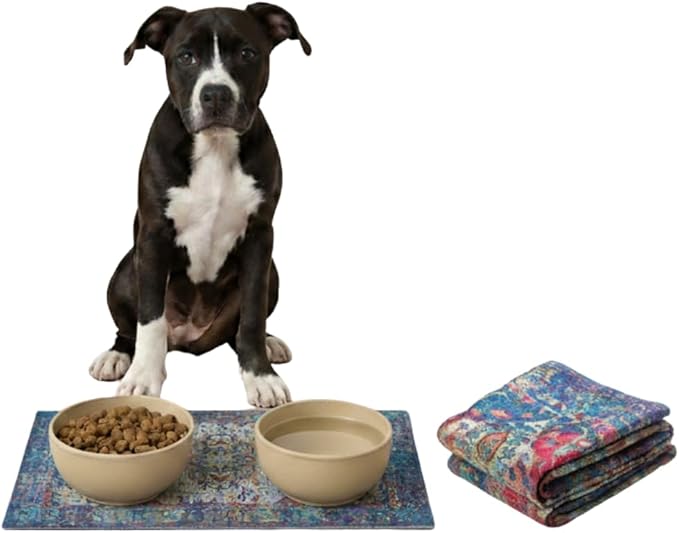 LOVEWAG Waterproof 2-Pack Pet Feeding Mats - 16" x 24" Premium Cat & Dog Food Mat - Non-Slip, Machine Washable Food Mat Protects Floors & Contains Water Bowl Spills - Pet Place Mats (Bohemian Jewel)