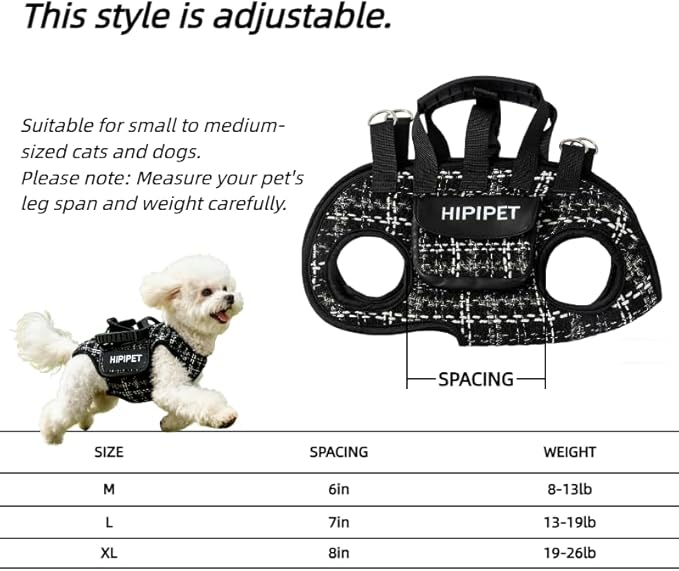 Dog Lift Harness Dog Carrier Adjustable Carrier Sling for Small and Medium Cats with Small Pet Treat Bag Outdoor Hiking (Black L 8-14lb)