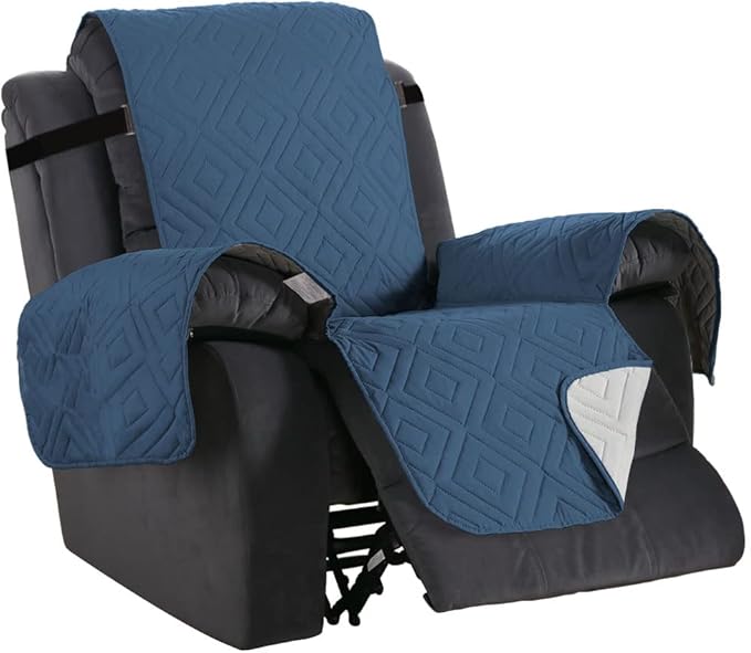 H.VERSAILTEX Reversible Quilted Recliner Covers Water Resistant Furniture Protector for Reclienr Chair with Elastic Straps for Pets Kids Sitting Width Up to 22"(Recliner, Dark Blue/Beige)